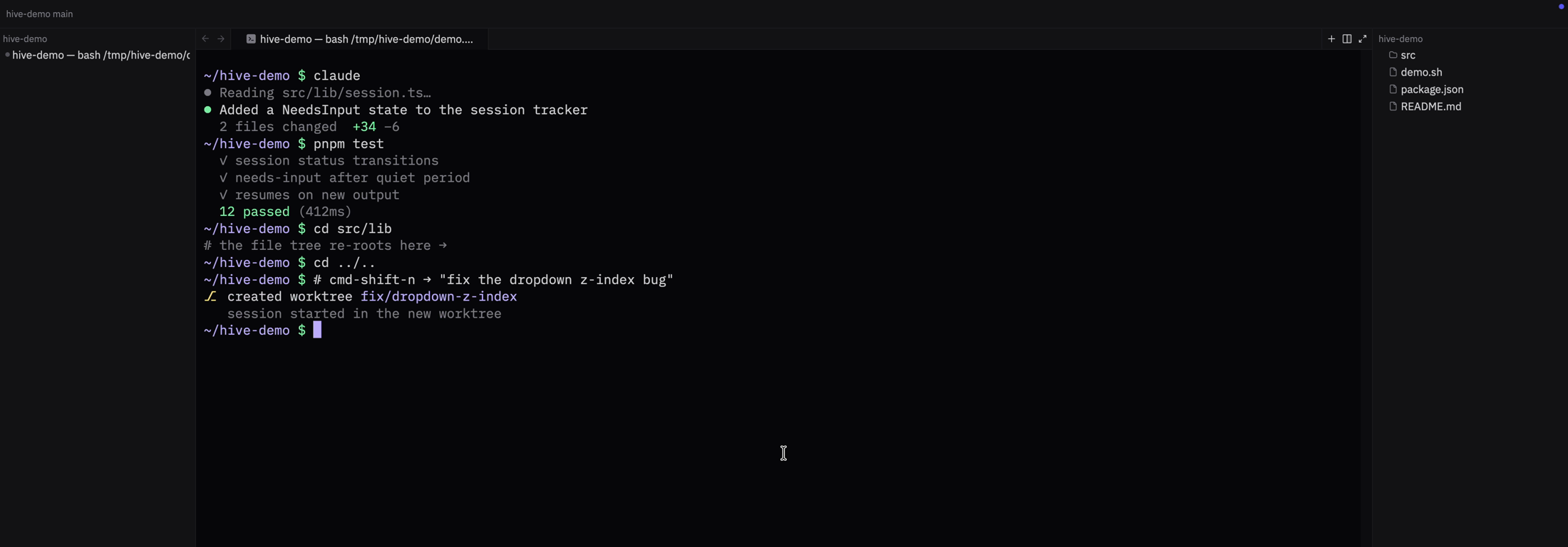 A Hive window: an agent session in the terminal, a worktree created with an AI-named branch, and the file tree on the right